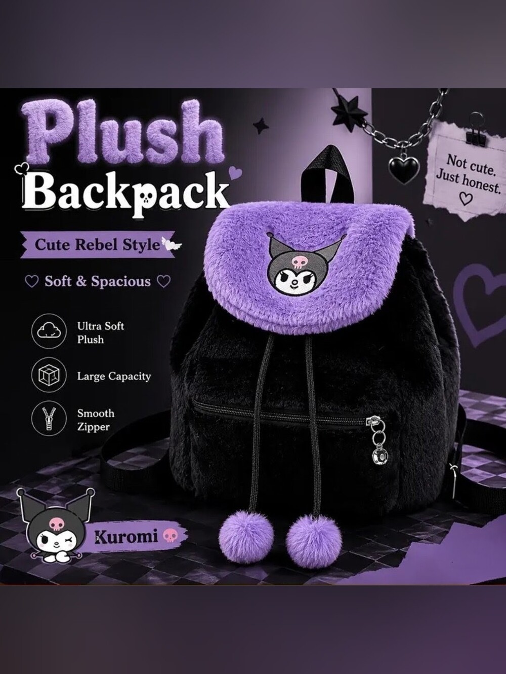 Plush Backpack for Women — Black and Purple Cute Plush Bag